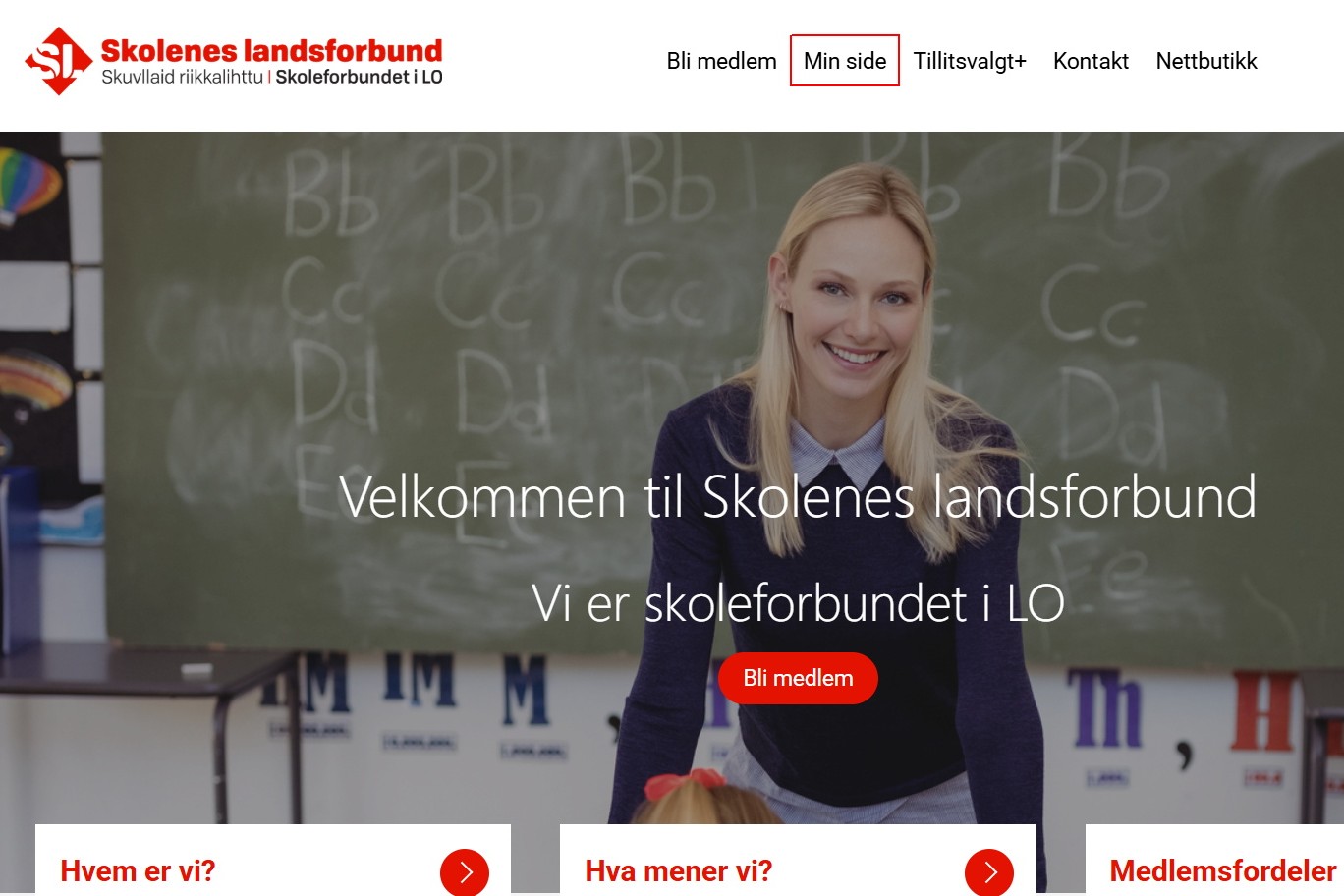 Logg deg inn på «Min side» og sjekk om vi har riktige opplysninger om deg! «Min side» finner du på hjemmesiden til Skolenes landsforbund (øverst).